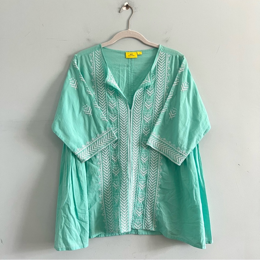 Roberta‎ Roller Rabbit Turquoise Embroidered Cotton Tunic Blouse